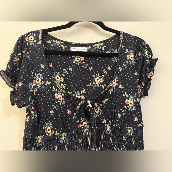 Urban Outfitters Floral Polka Dot Mini Dress with Smocked Waist in black - S - Picture 2 of 10
